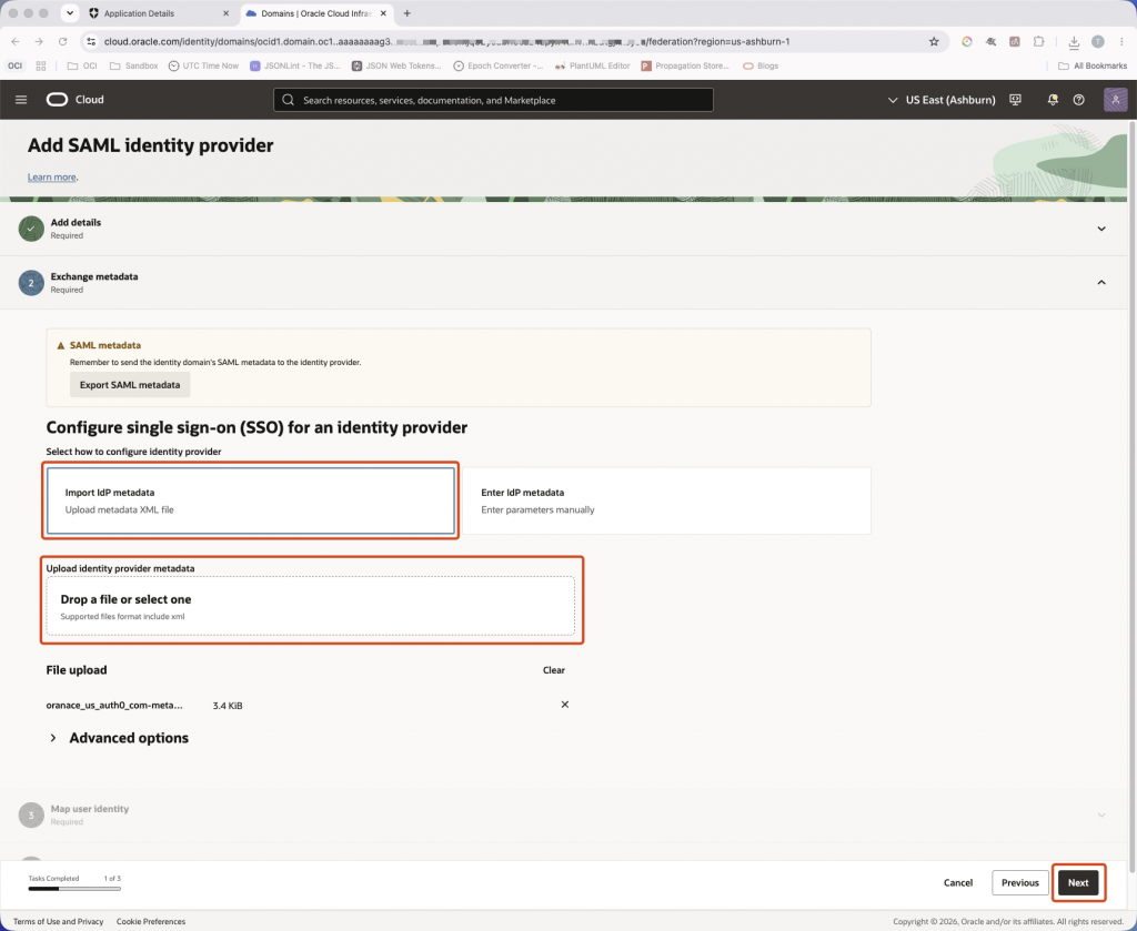 Select Import IdP metadata and upload the metadata XML file downloaded from Auth0. OCI IAM identity provider wizard showing the Import IdP metadata option and uploaded XML metadata file.