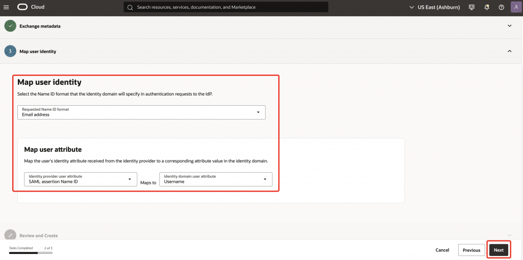 Map the SAML assertion Name ID to the OCI IAM Username attribute. OCI IAM Map user identity screen showing Email address format and SAML assertion Name ID mapped to Username.