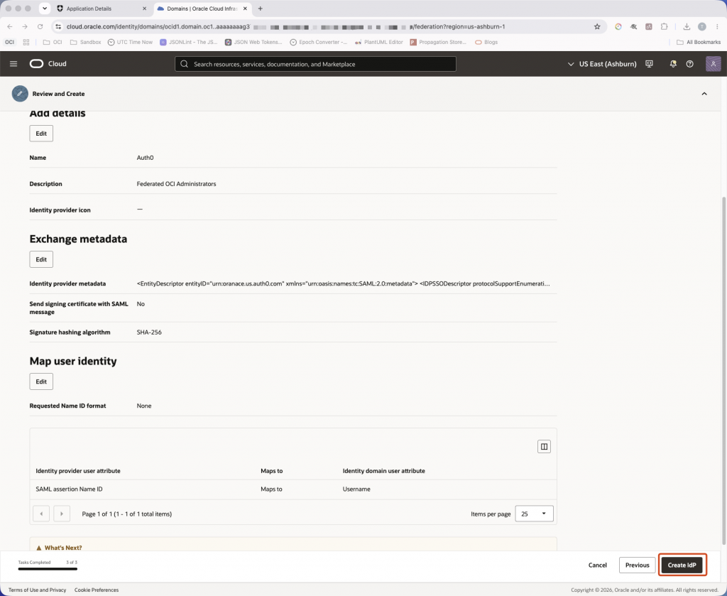 Review the Auth0 metadata and user-identity mapping before creating the identity provider. OCI IAM Review and Create screen displaying Auth0 identity provider details, metadata, and Name ID to Username mapping.