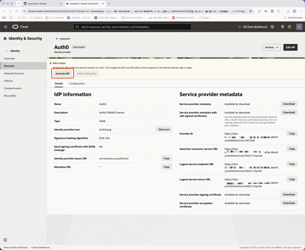 Activate the newly created Auth0 identity provider before assigning it to a policy. OCI IAM Auth0 identity provider details page with the Activate IdP button highlighted.