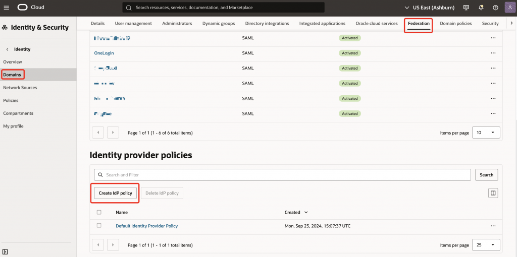 Create an identity provider policy to assign Auth0 to the OCI Console application. OCI IAM Federation page showing the Identity provider policies section and Create IdP policy button.