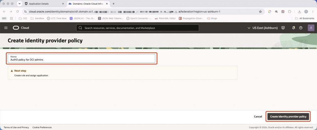 Enter a name for the Auth0 identity provider policy and create it. OCI IAM Create identity provider policy page with an Auth0 policy name entered.