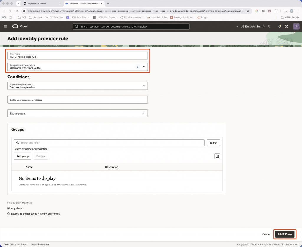 Create a rule that makes Username-Password and Auth0 available as authentication methods. OCI IAM Add identity provider rule page showing a rule name and selected Username-Password and Auth0 providers.