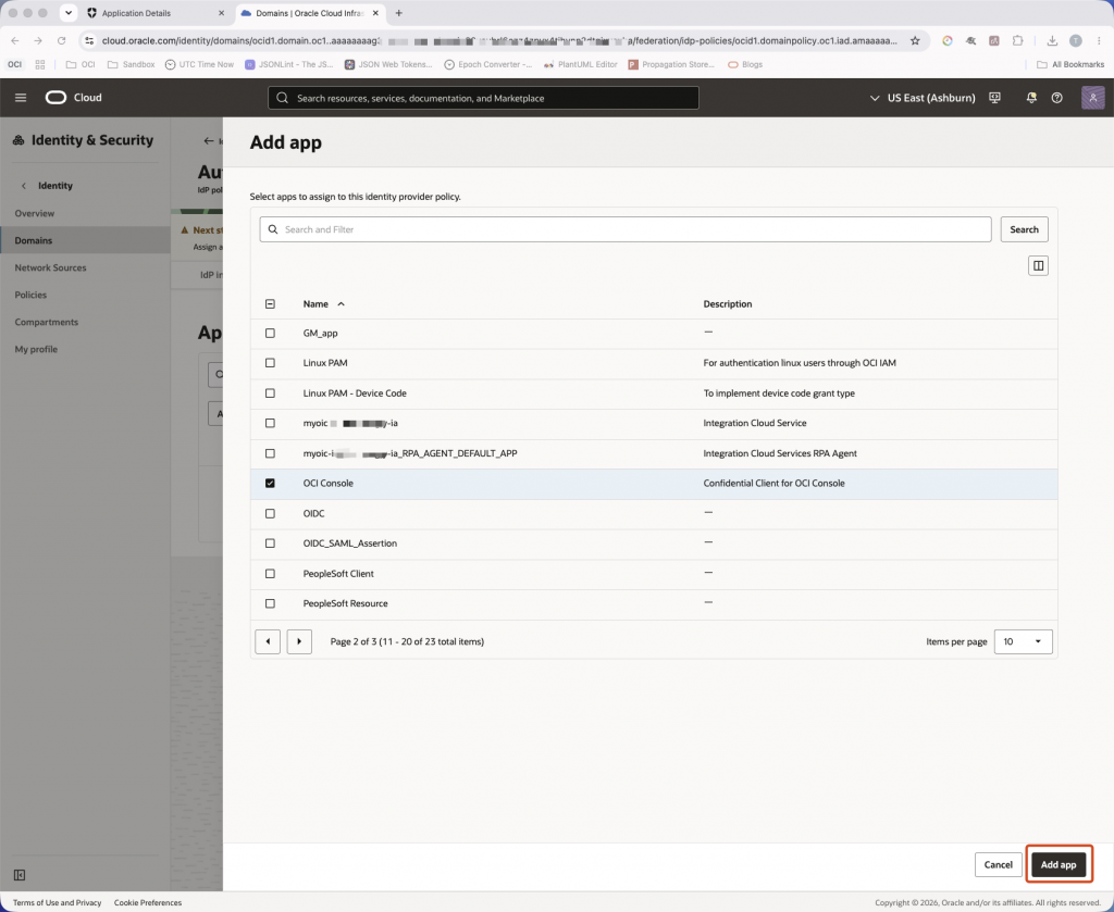 Add the OCI Console application to the identity provider policy. OCI IAM Add app dialog with OCI Console selected.