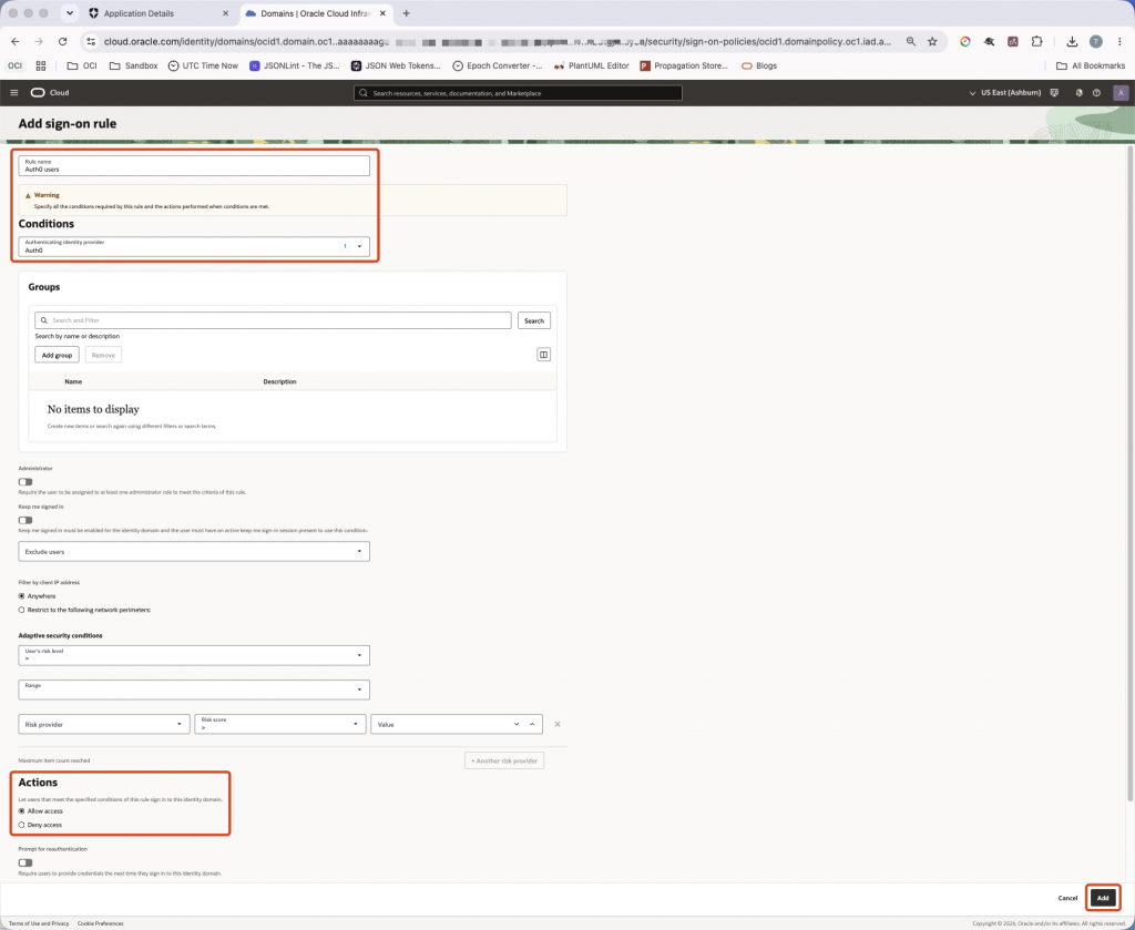 Configure a sign-on rule that uses Auth0 as the authenticating identity provider. OCI IAM Add sign-on rule page with Auth0 selected as the authenticating identity provider.