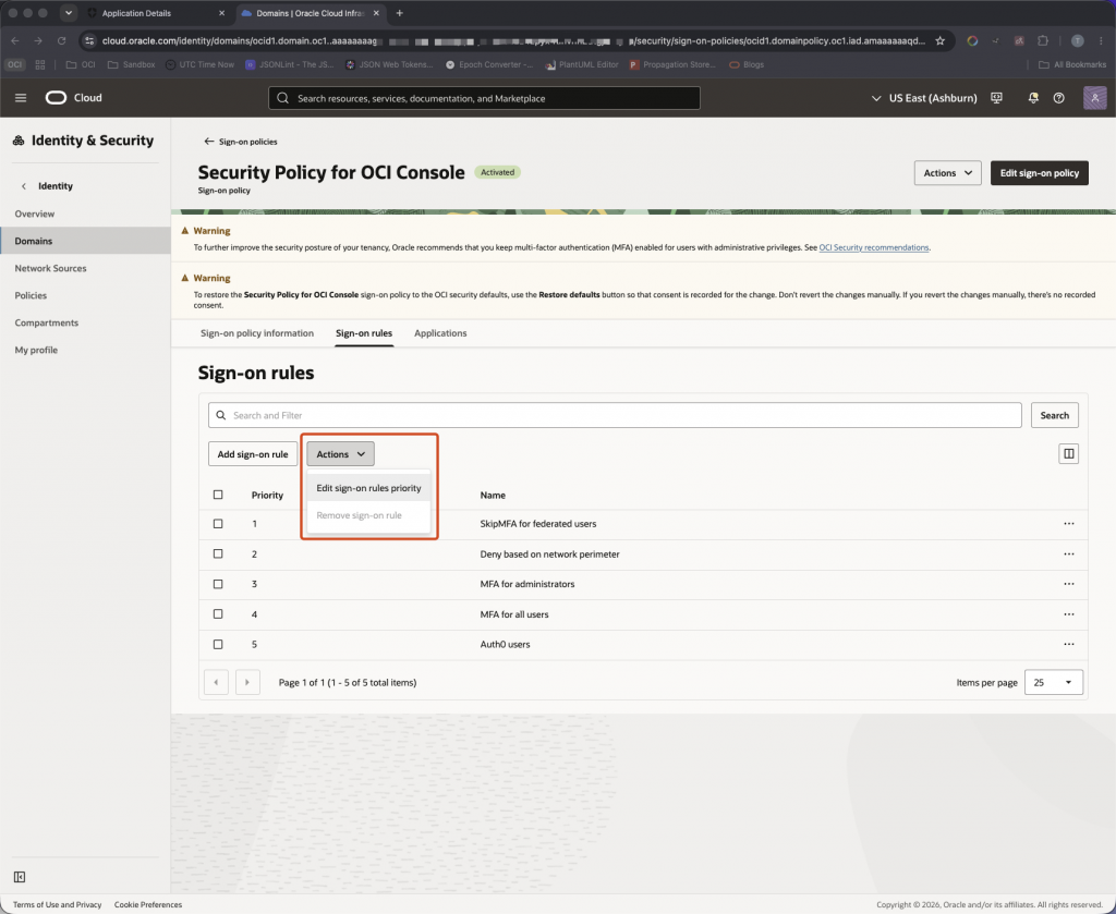 Set the Auth0 sign-on rule to the required priority and save the changes. OCI IAM Edit sign-on rules priority dialog with the Auth0 users rule set to priority 1.