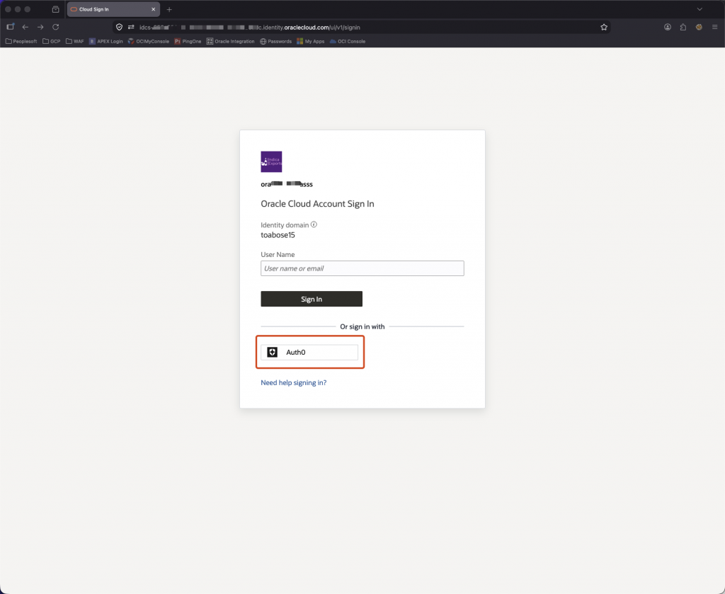 Select Auth0 from the Oracle Cloud Account Sign In page to begin federated authentication. Oracle Cloud Account Sign In page showing Auth0 as an available sign-in option.