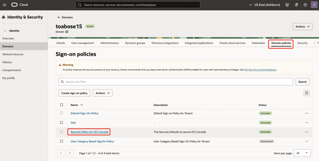 Open the Security Policy for OCI Console to add the Auth0 sign-on rule. OCI IAM Domain policies page with Security Policy for OCI Console highlighted.