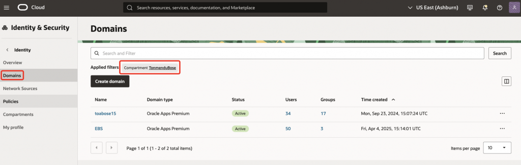 Open the identity domain that will be configured for SAML federation. OCI Console Domains page with the Domains navigation item and an identity domain highlighted.