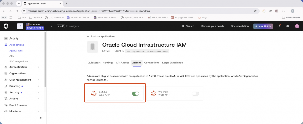 Confirm that the SAML2 Web App add-on is enabled before continuing. Auth0 application Addons tab showing the SAML2 Web App add-on enabled.