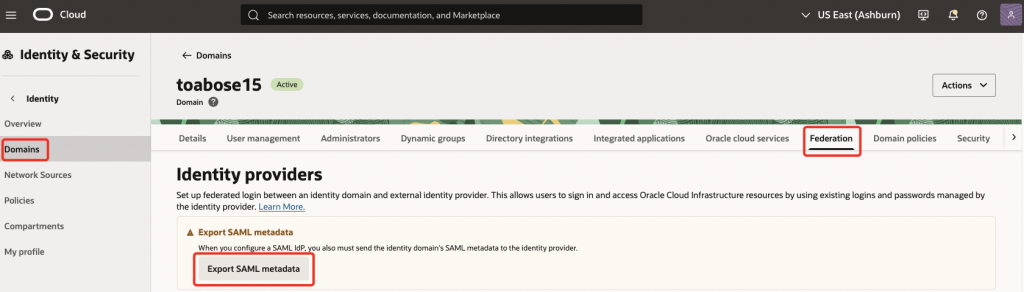 Exporting metadata. OCI IAM Federation and Export SAML metadata.