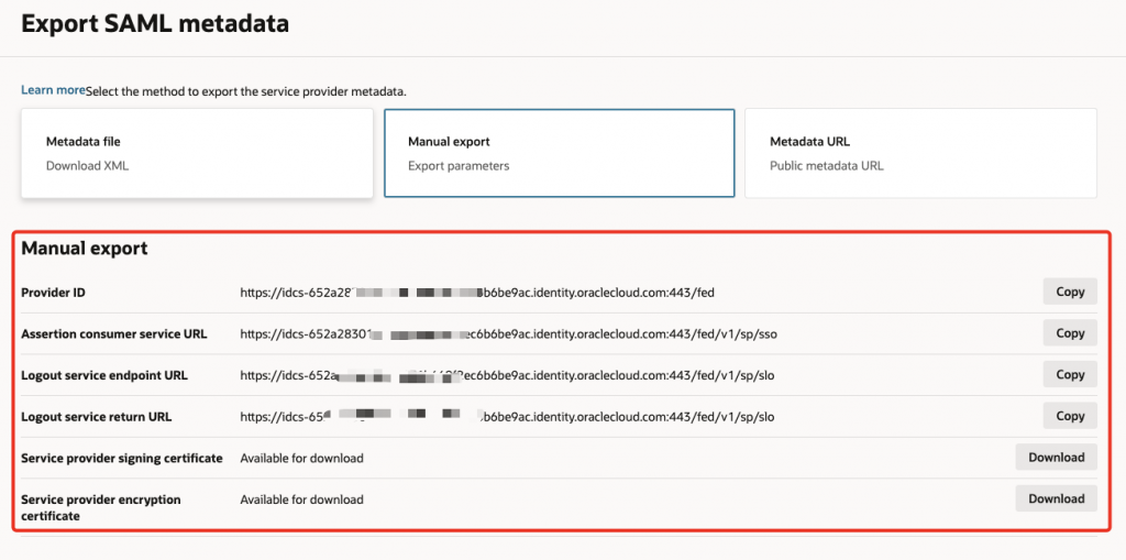 OCI IAM Federation page showing the Export SAML metadata option. In the identity domain, open Federation and select Export SAML metadata.