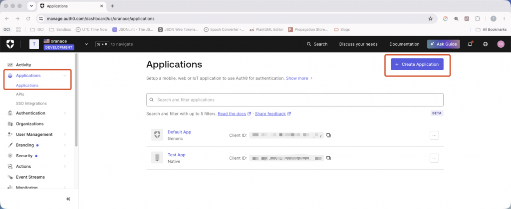 Auth0 Applications page with Applications navigation and Create Application highlighted. In the Auth0 Dashboard, create an application for OCI IAM.