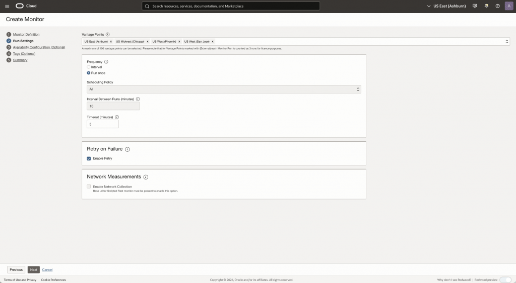 Figure 7. Selecting vantage points and run settings