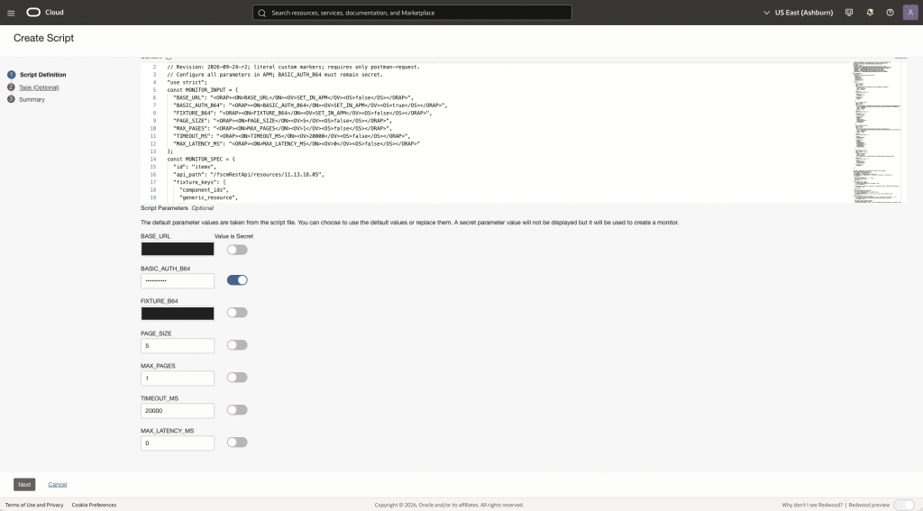Figure 3. Configuring script parameters and secret values.